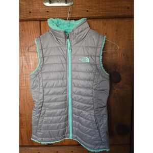 THE NORTH FACE- Girls Reversible Puffer Vest Gray Aqua Fleece Kids Size M 10/12